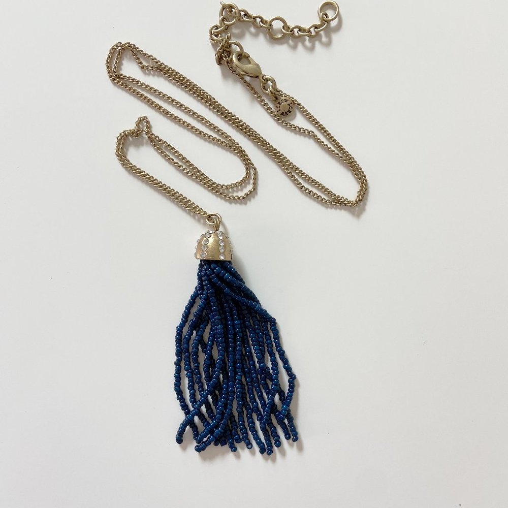 J. Crew Navy Blue and Gold Jeweled Tassel Necklace